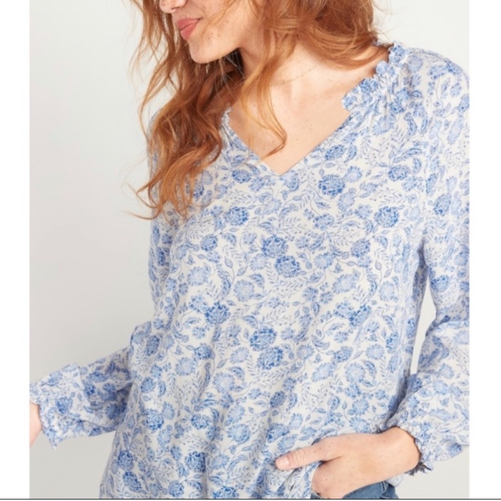 Ruffled Floral-Print Split-Neck Blouse - Old Navy